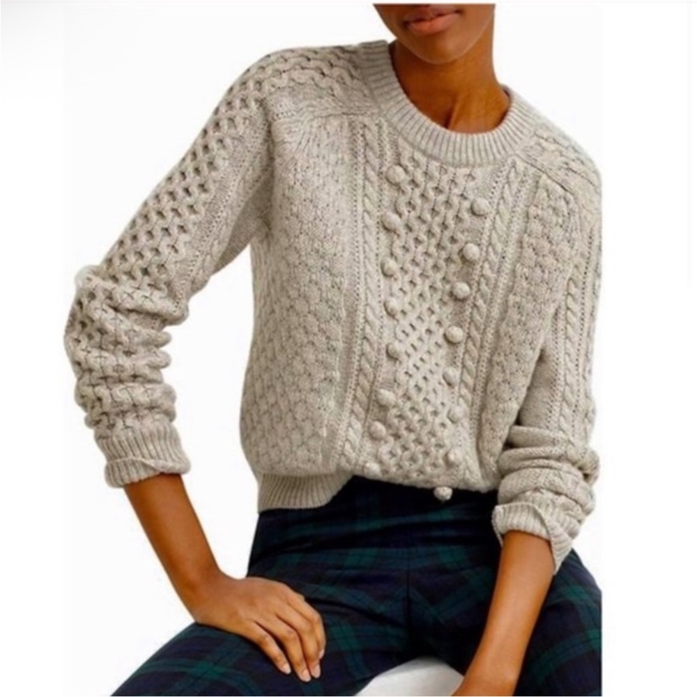 J. Crew Popcorn Cable Knit Lamb Wool Sweater Women’s M Gray Crew Long Sleeve